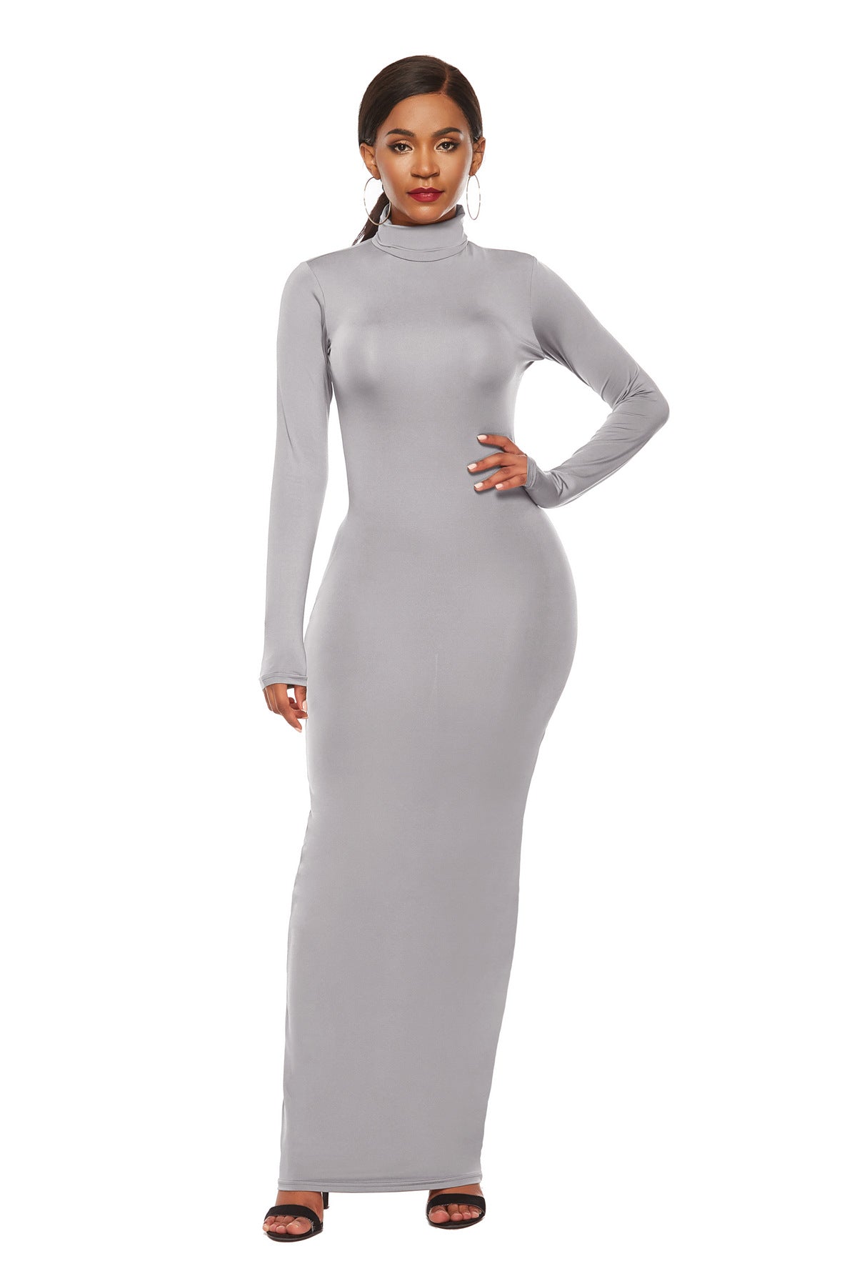 Turtleneck Long Sleeve Solid Color Bodycon Maxi Dress