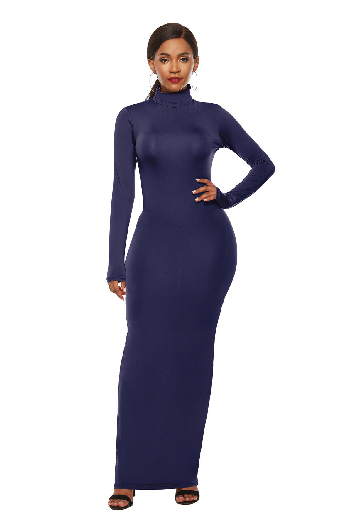 Turtleneck Long Sleeve Solid Color Bodycon Maxi Dress