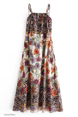 Boho Maxi Dress, Strappy, Black White Flower Zebra