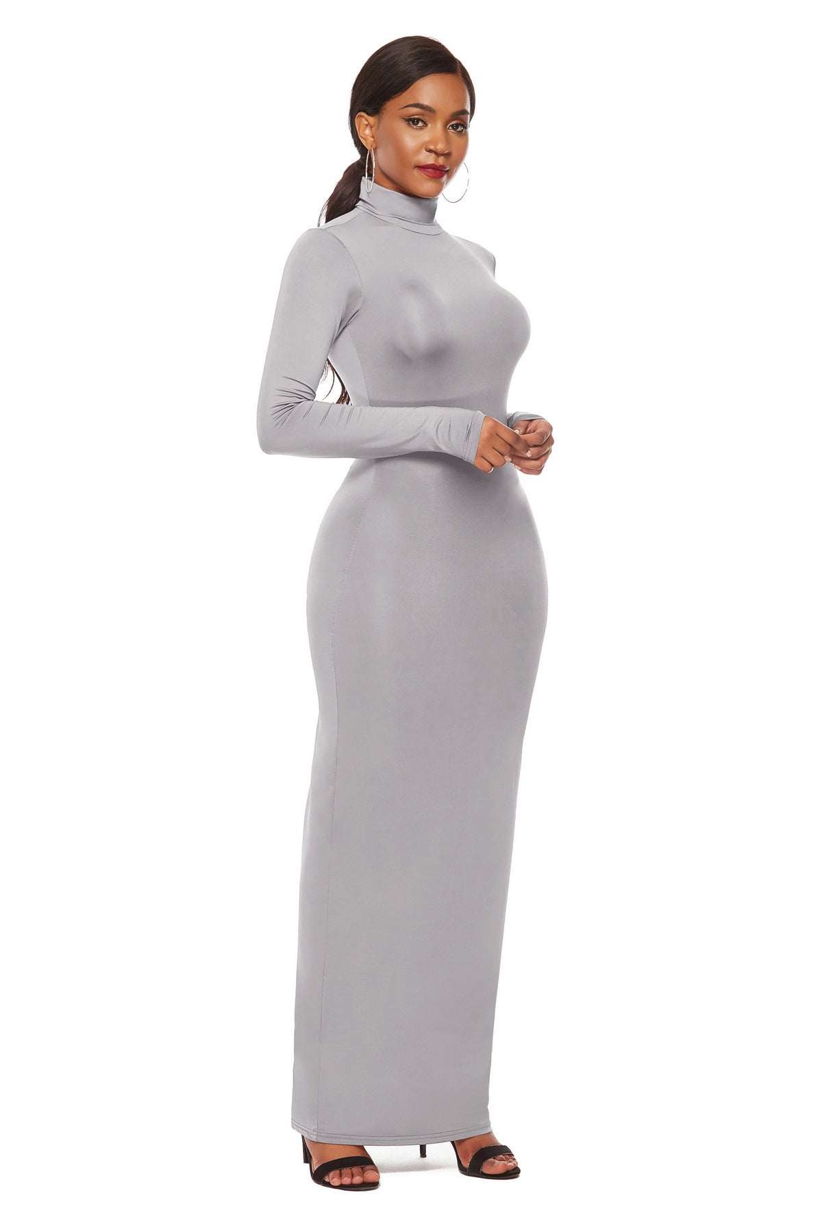 Turtleneck Long Sleeve Solid Color Bodycon Maxi Dress