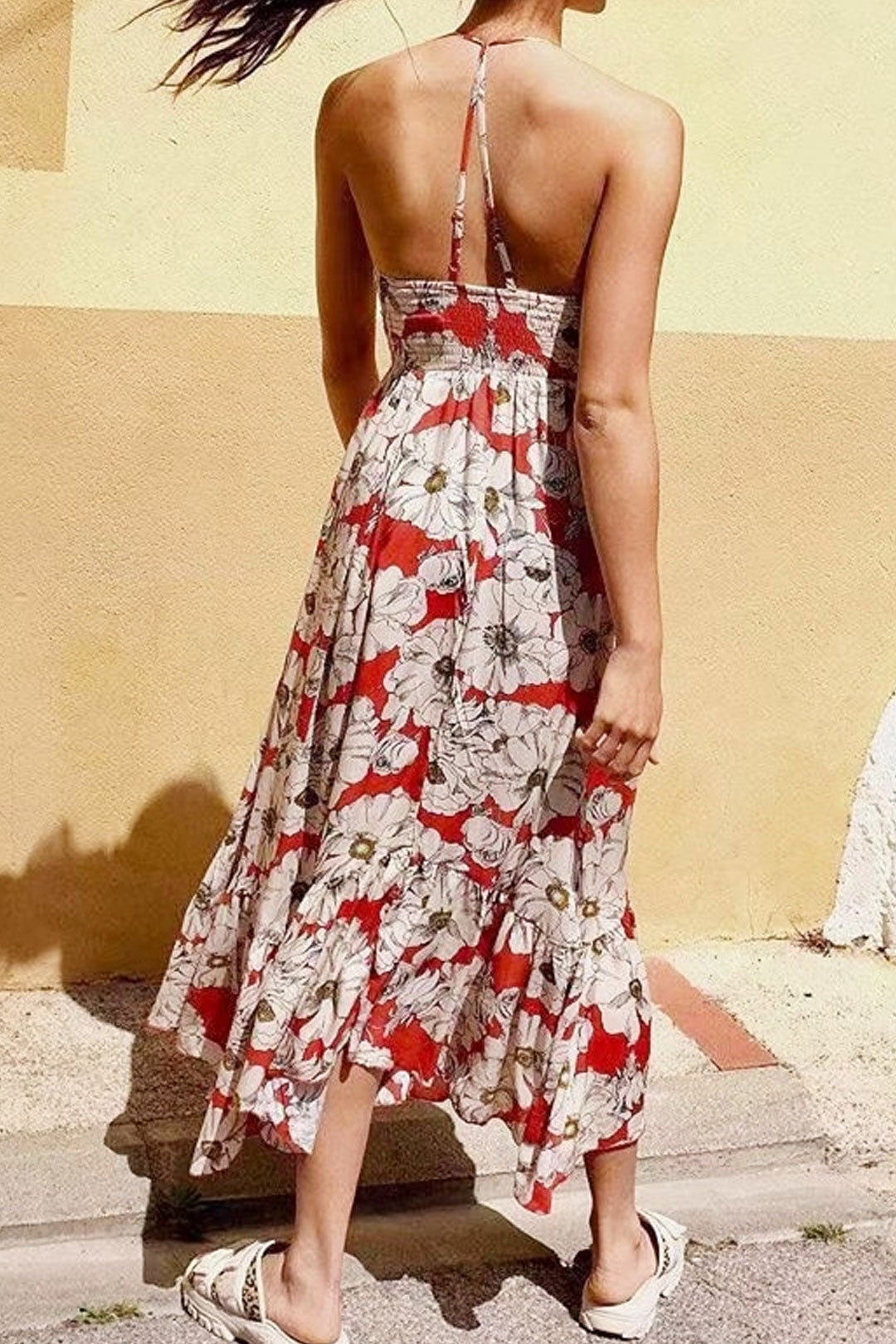 Boho Maxi Dress, Strappy, Red Peony