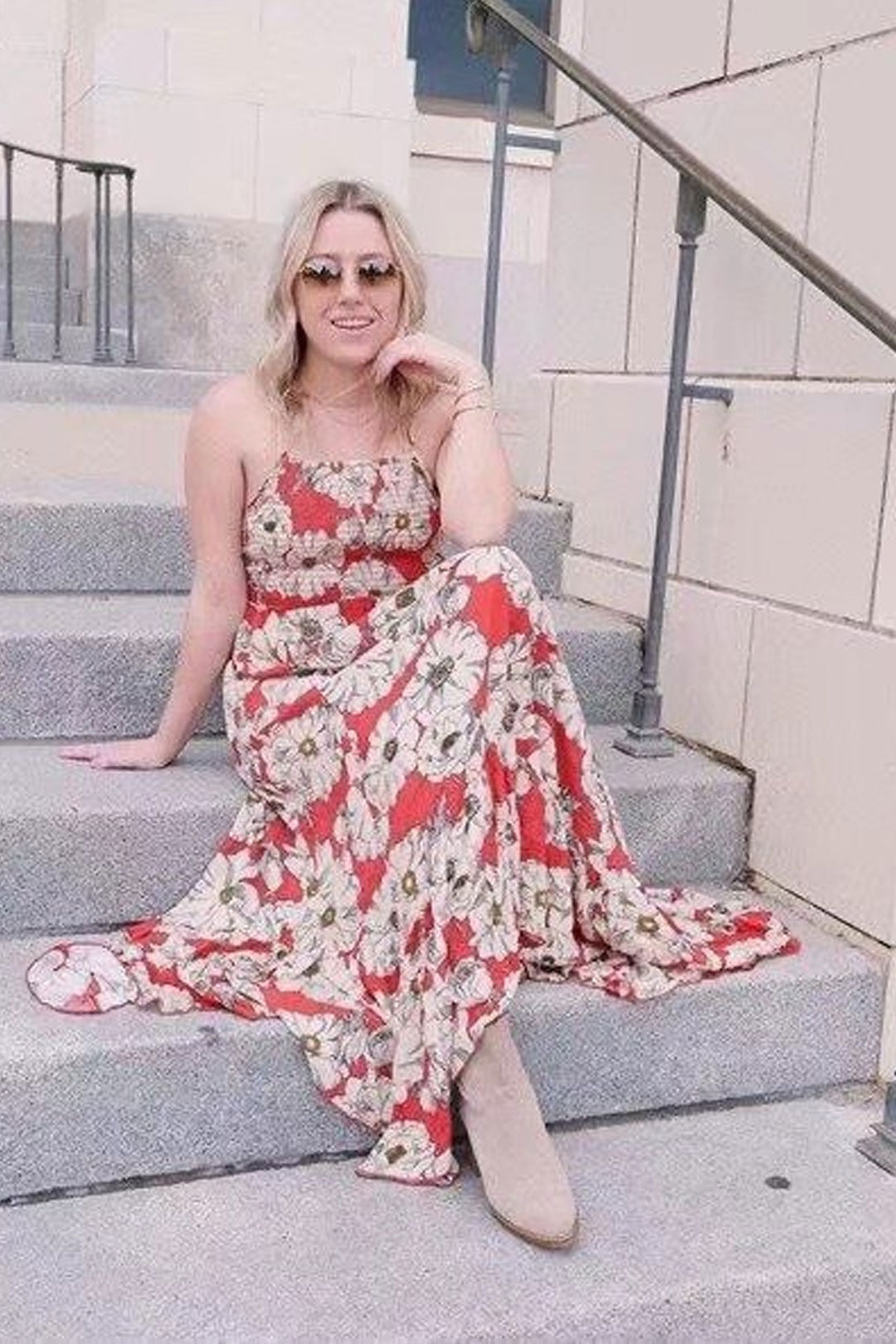 Boho Maxi Dress, Strappy, Red Peony