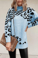 Turtleneck Stripes Leopard Sweater Dress