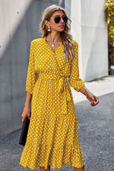 Boho Midi Dress, Ruffle Polka Dot in Yellow