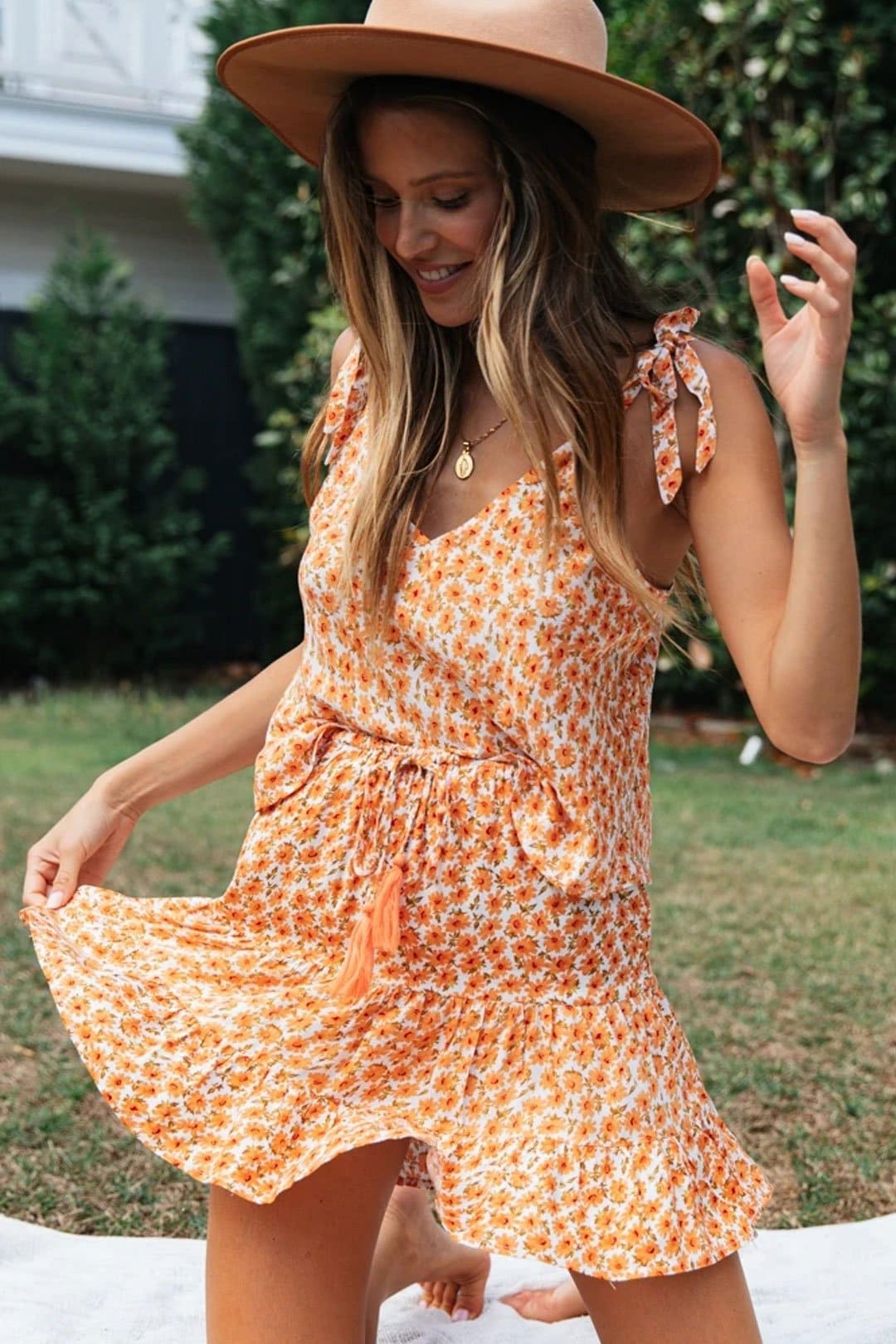 Boho Two Piece Set, Two Piece Skirt Set, Wild Boho Daisy in Saffron Orange