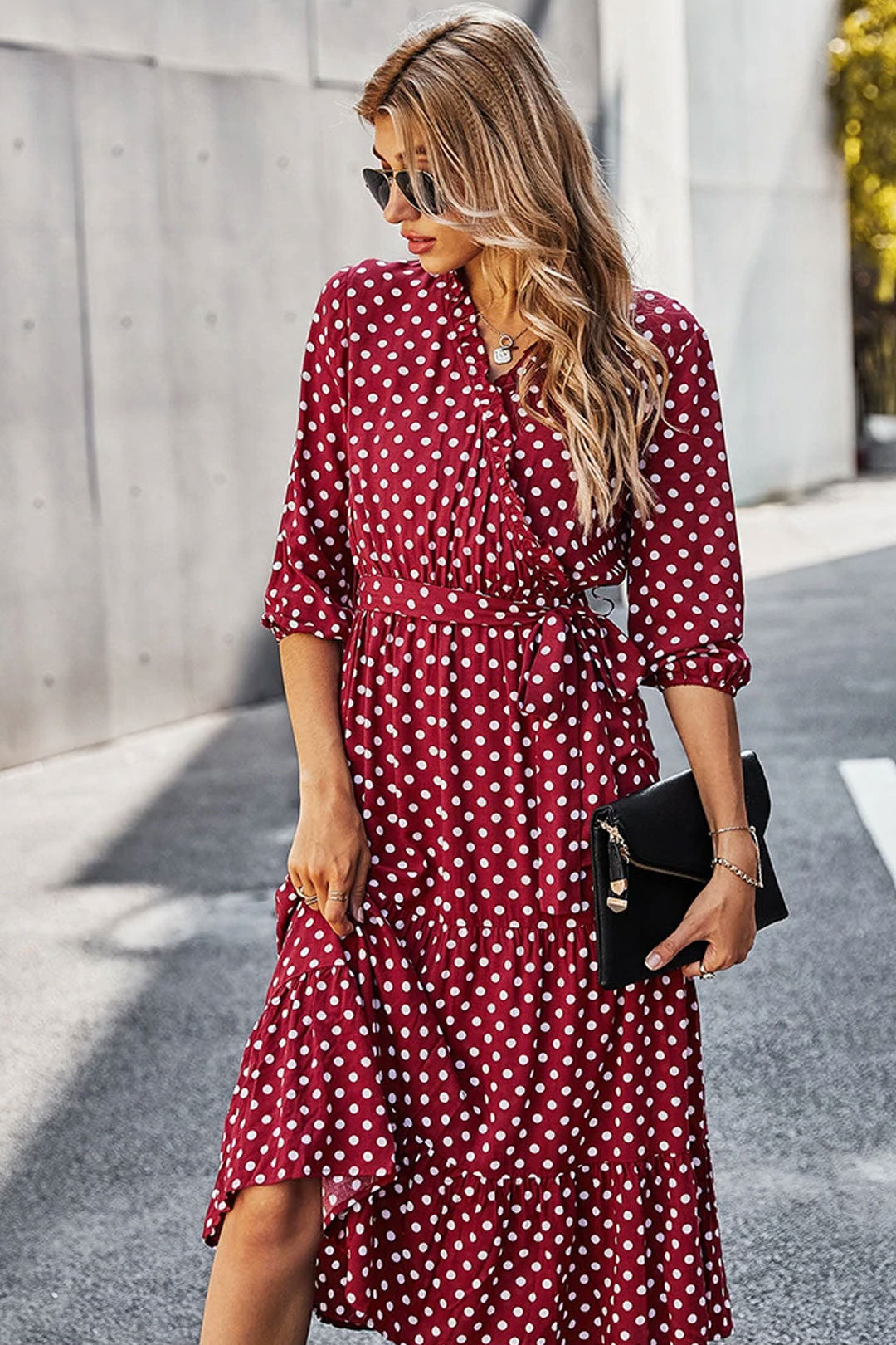 Boho Midi Dress, Ruffle Polka Dot in Red