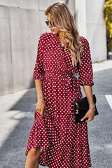 Boho Midi Dress, Ruffle Polka Dot in Red