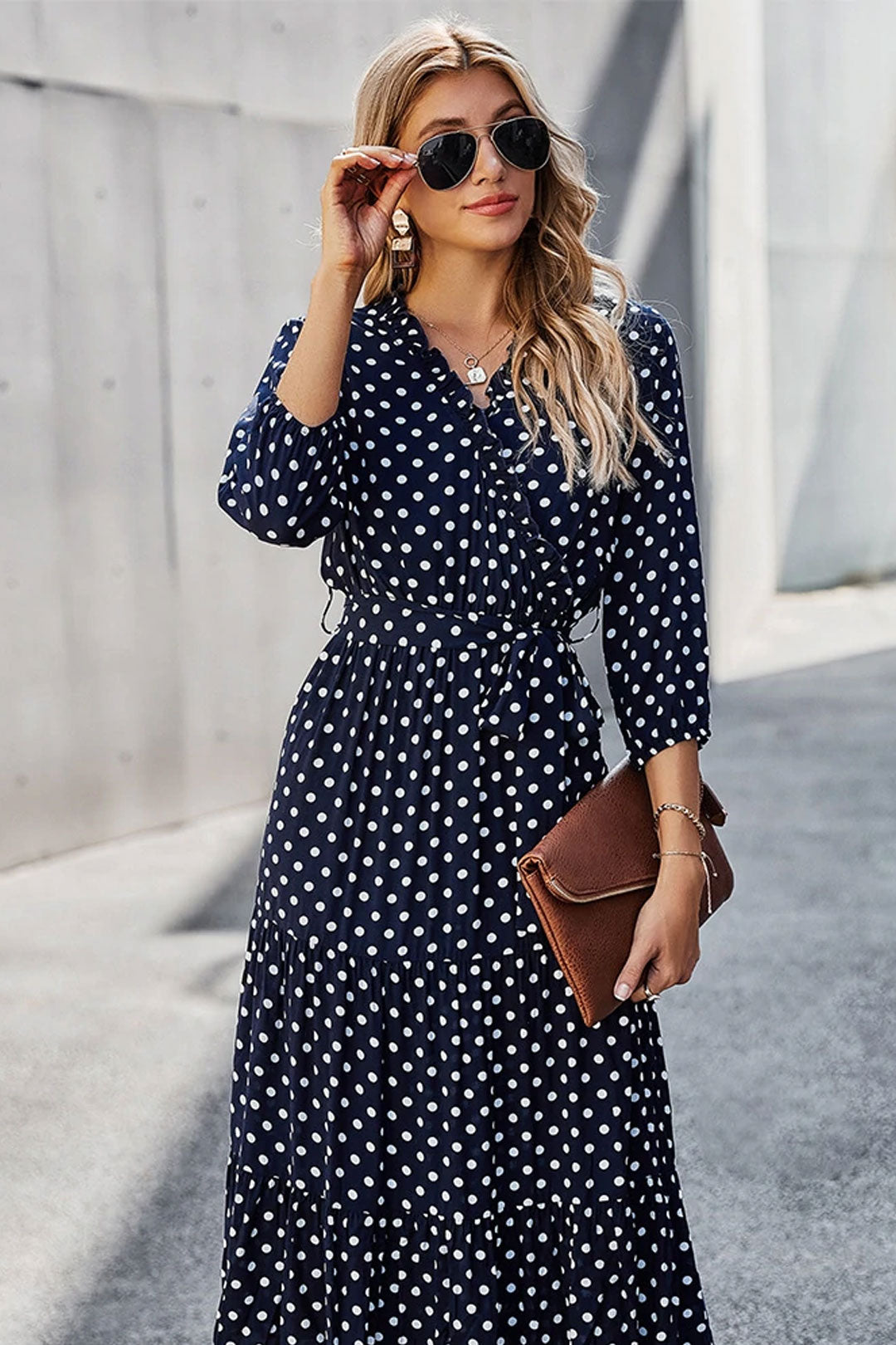 Boho Midi Dress, Ruffle Polka Dot in Navy Blue