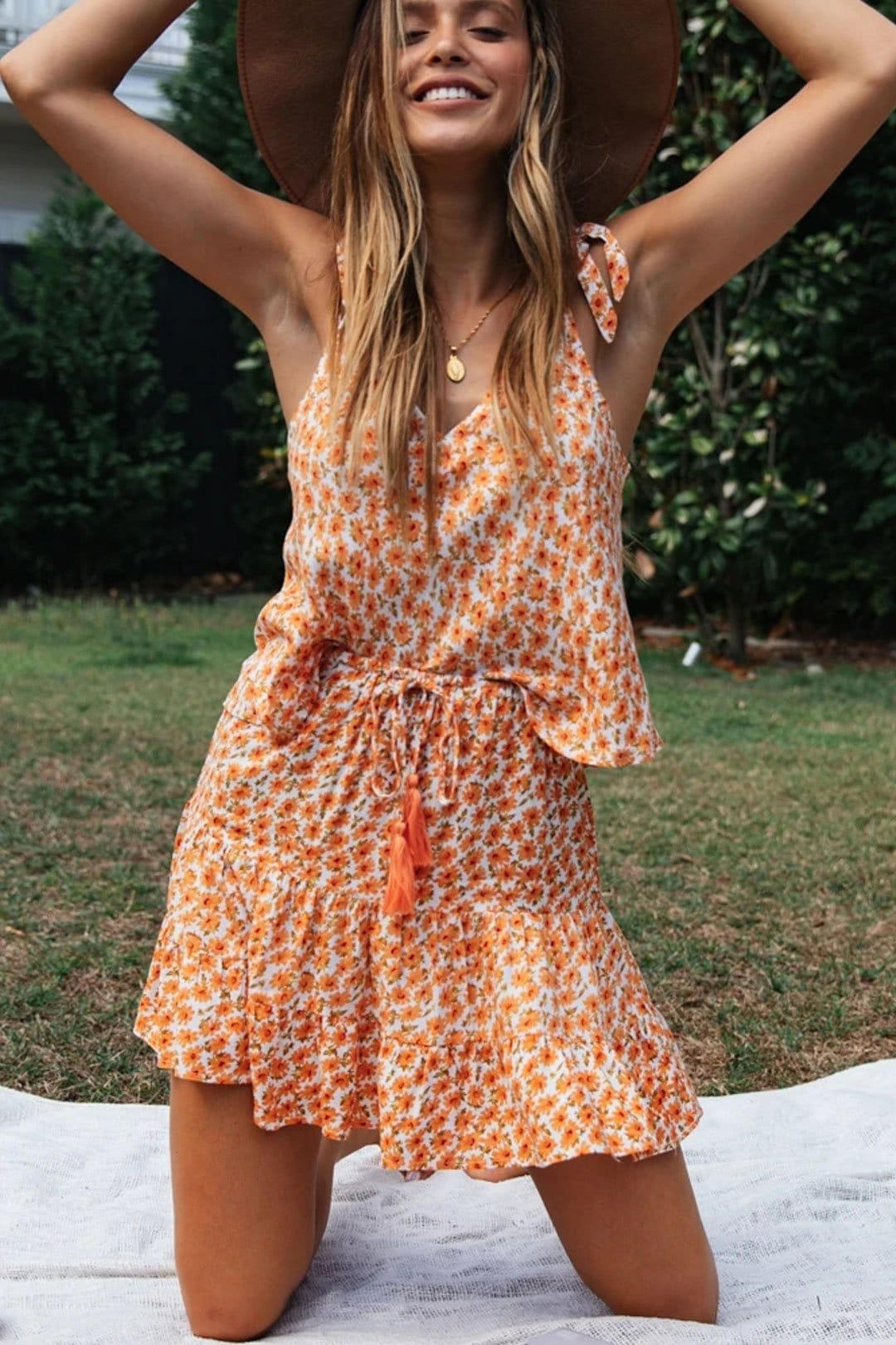 Boho Two Piece Set, Two Piece Skirt Set, Wild Boho Daisy in Saffron Orange