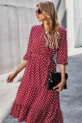 Boho Midi Dress, Ruffle Polka Dot in Red