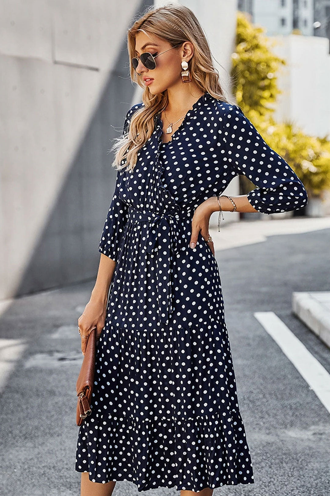 Boho Midi Dress, Ruffle Polka Dot in Navy Blue