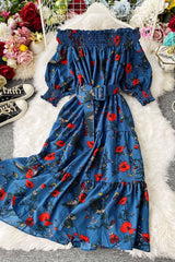Vintage Dress, Boho Midi Dress, Dress, Off Shoulder Dress, Poppy in Blue and Red