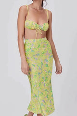 Boho Two Piece Set, Crop Top and Skirt, YellowLittle Flower
