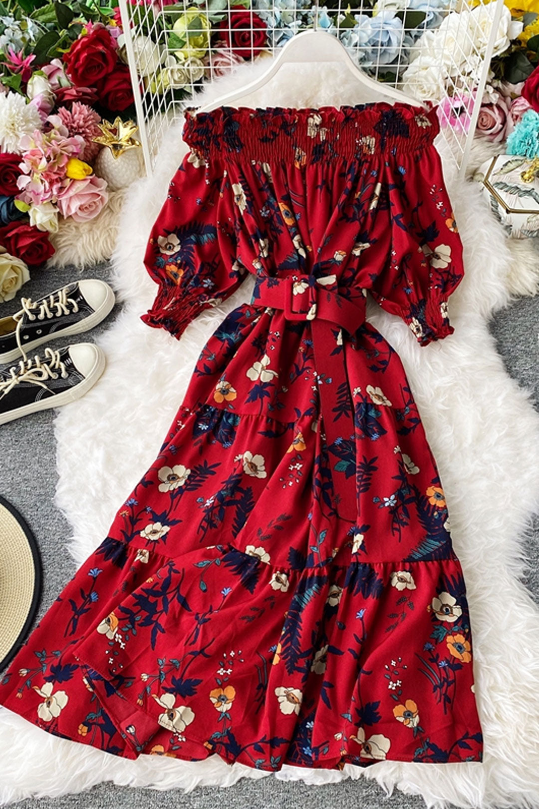 Vintage Dress, Boho Midi Dress, Dress, Off Shoulder Dress, Poppy in Blue and Red