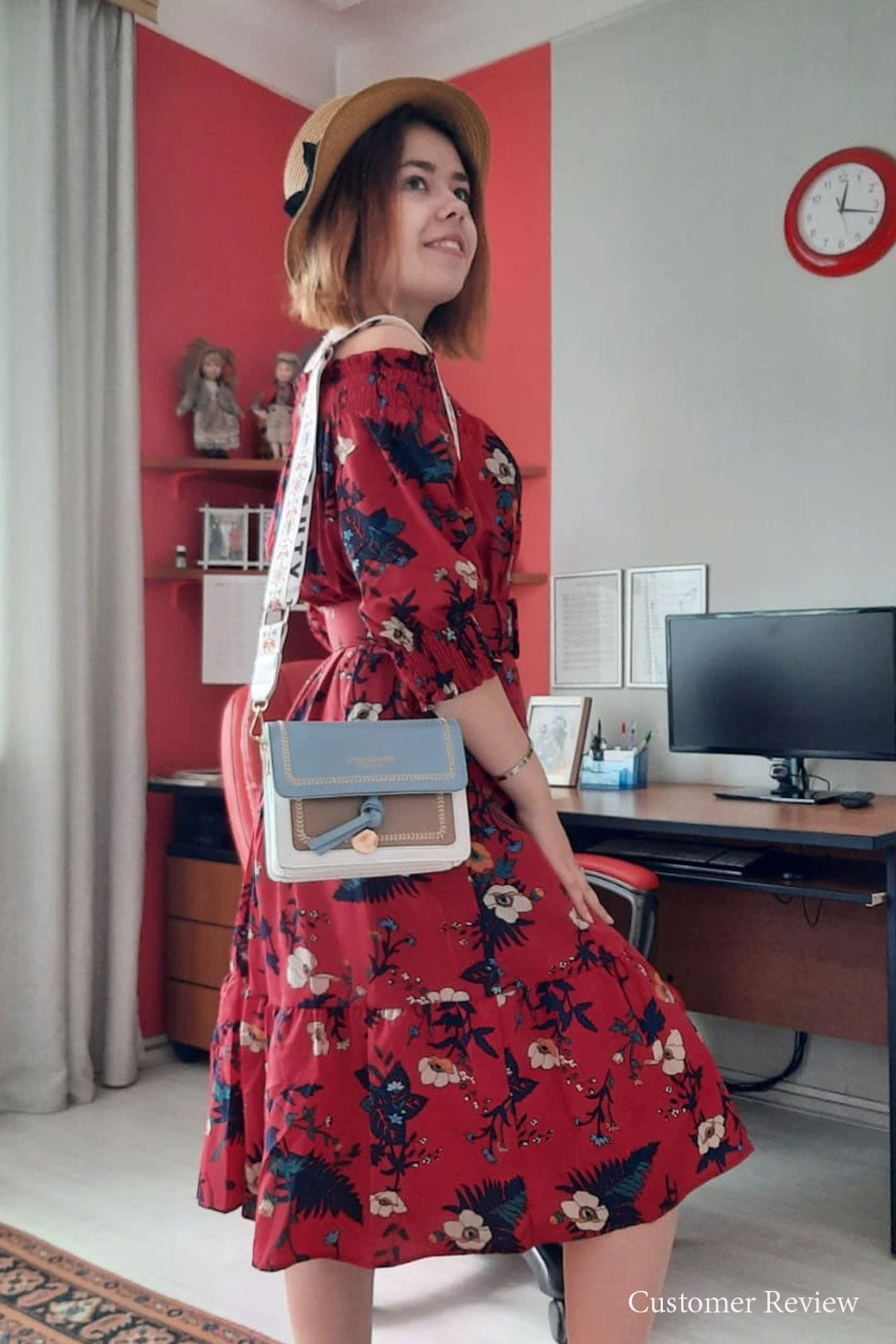 Vintage Dress, Boho Midi Dress, Dress, Off Shoulder Dress, Poppy in Blue and Red