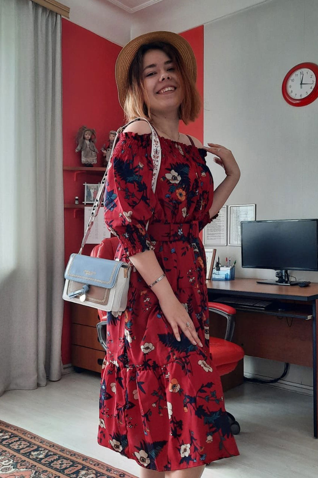 Vintage Dress, Boho Midi Dress, Dress, Off Shoulder Dress, Poppy in Blue and Red