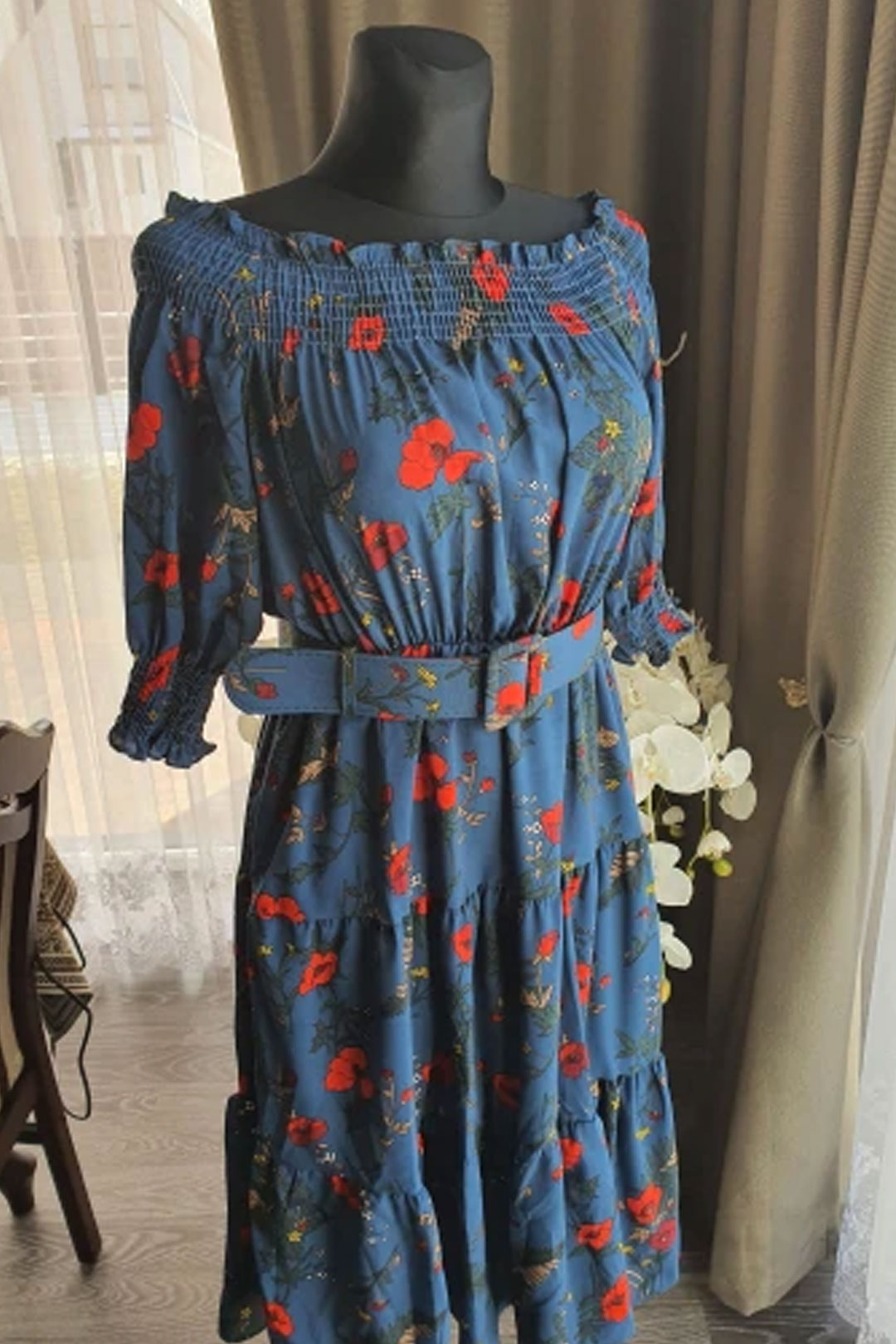 Vintage Dress, Boho Midi Dress, Dress, Off Shoulder Dress, Poppy in Blue and Red