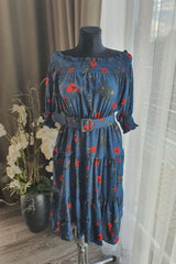 Vintage Dress, Boho Midi Dress, Dress, Off Shoulder Dress, Poppy in Blue and Red