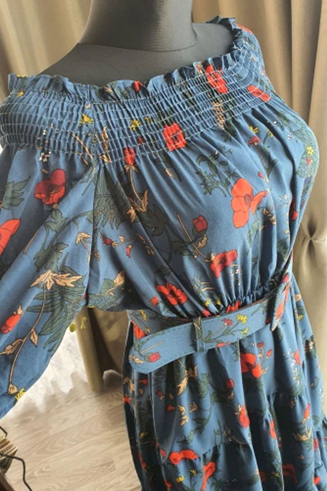 Vintage Dress, Boho Midi Dress, Dress, Off Shoulder Dress, Poppy in Blue and Red