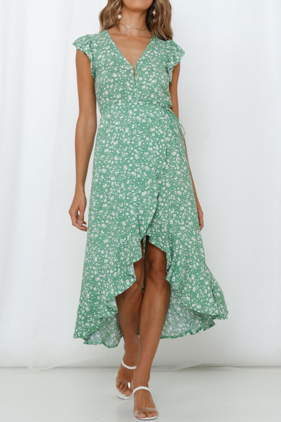 Boho Maxi Dress, Green Daisy Garden
