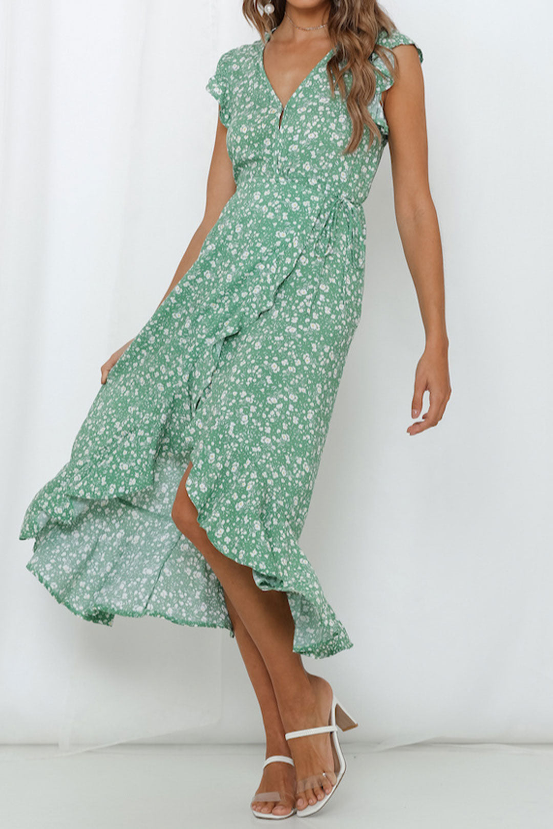 Boho Maxi Dress, Green Daisy Garden