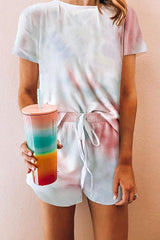 Print Short Sleeve Drawstring Short Set