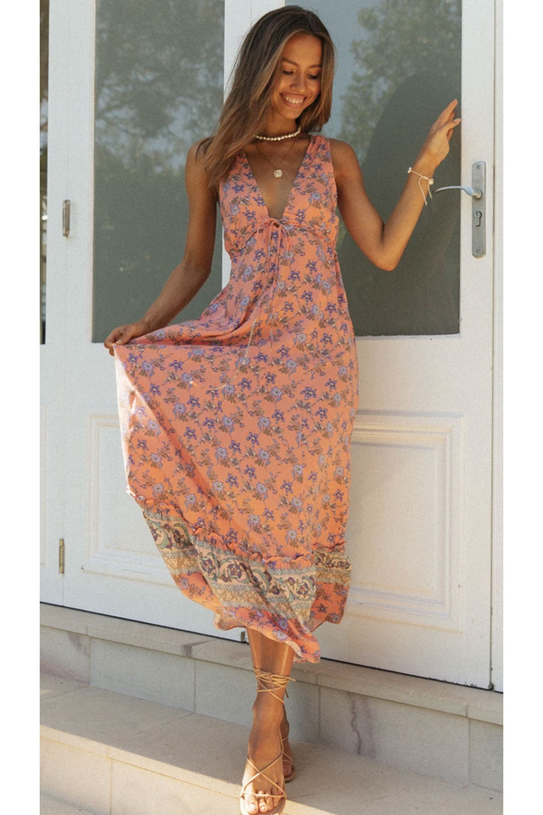 Boho Maxi Dress, Sundress, Pink Blue Morning Glory