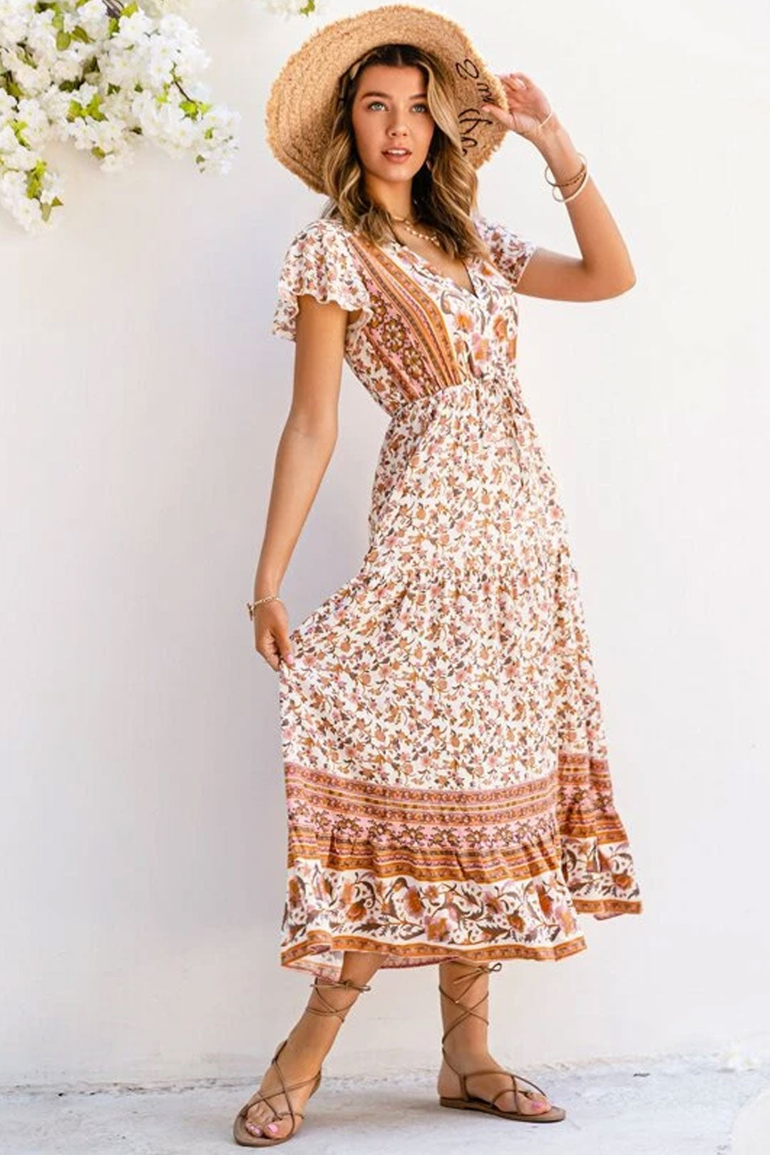 Boho Maxi Dress, Sundress, White Peanut Butter