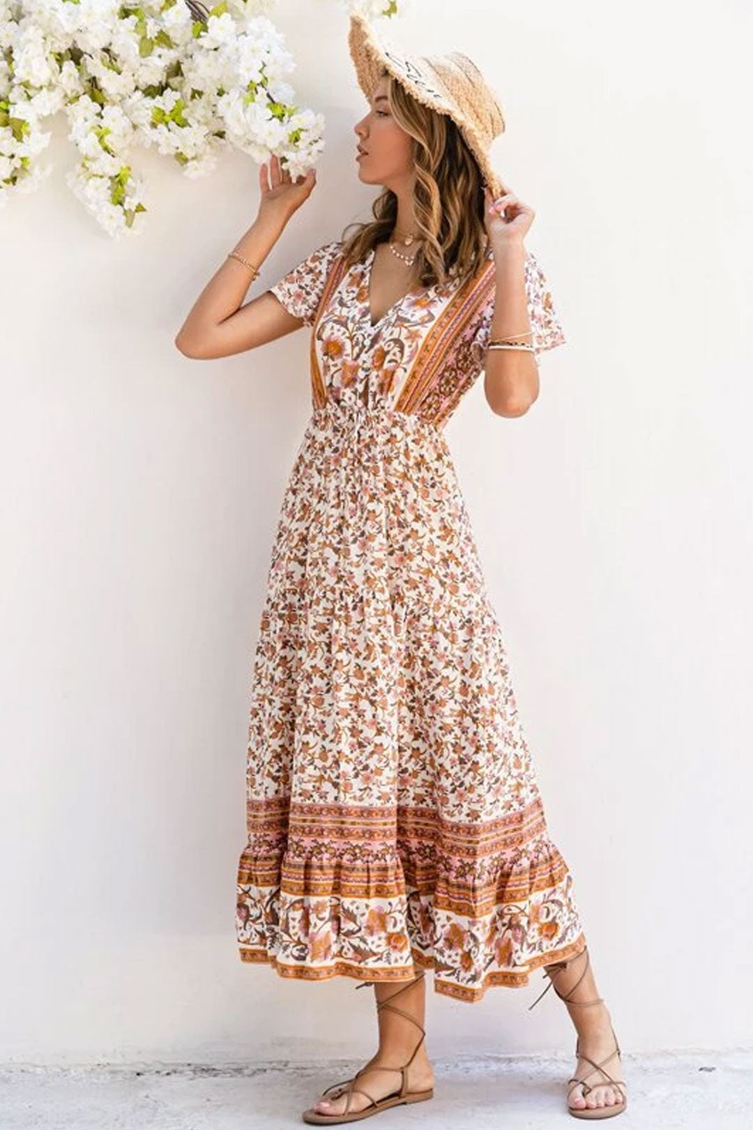 Boho Maxi Dress, Sundress, White Peanut Butter