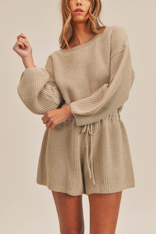 O Neck Puff Long Drawstring Sweater Romper