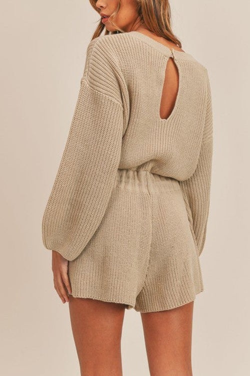 O Neck Puff Long Drawstring Sweater Romper