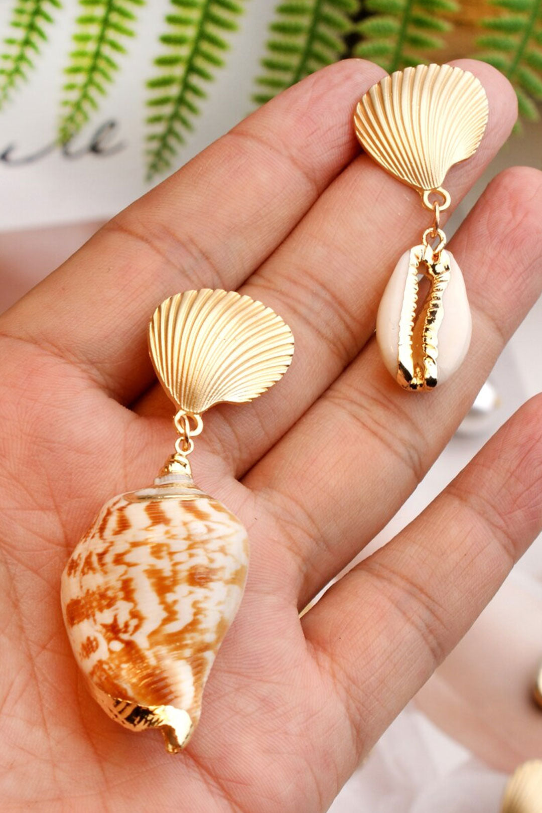 Boho Earrings, Dangle Earrings, Natural Shell Cowrie White Gold