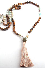 Boho Necklace, RH Amazonite Jasper, Lariat Silver Ball Green Brown Natural Stone