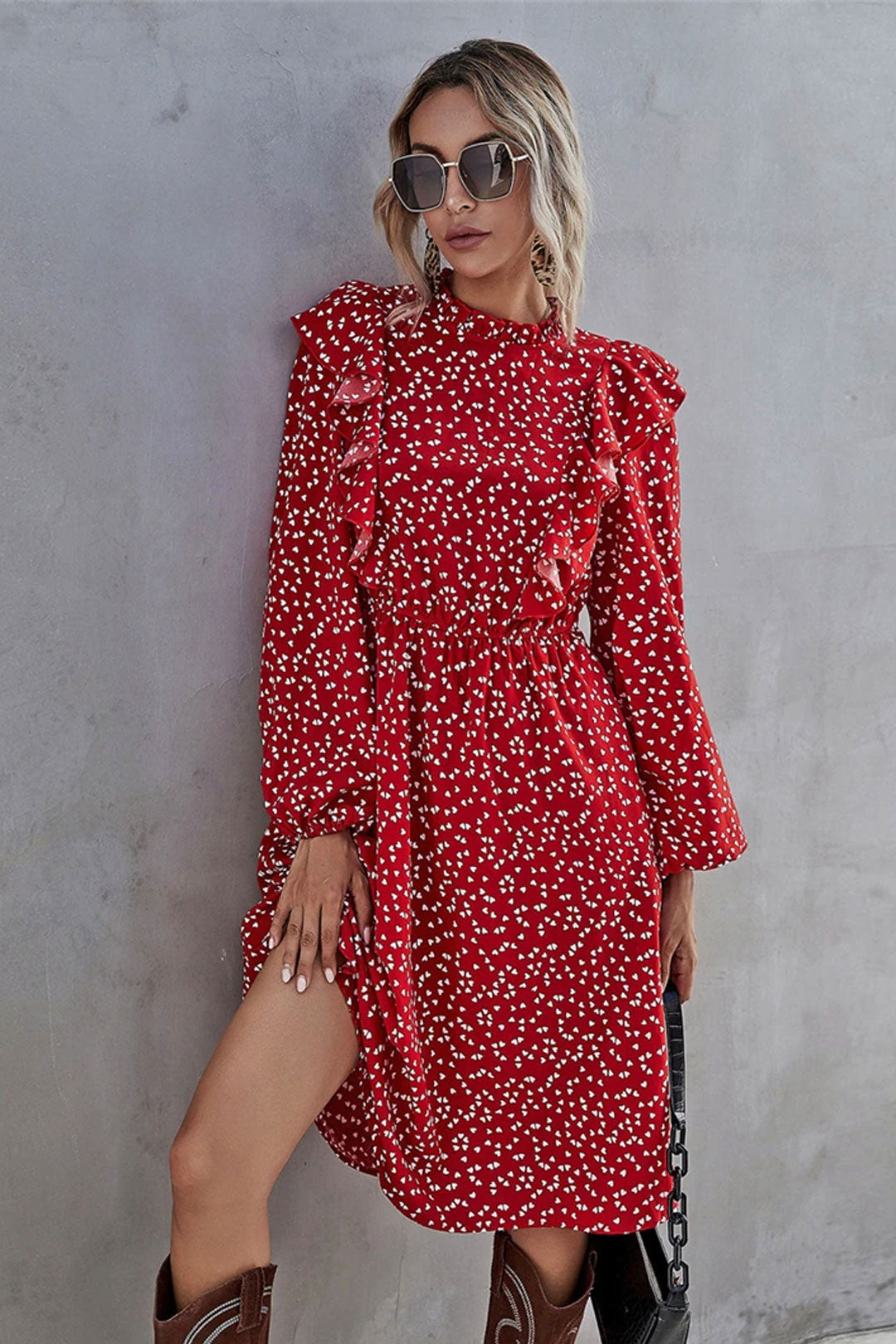Boho Midi Dress, Ruffle Polkadot in Red Mini Heart