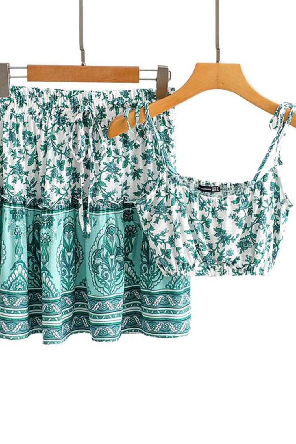 Boho Two Piece Set, Two Piece Skirt Set, Wild Floral in Green