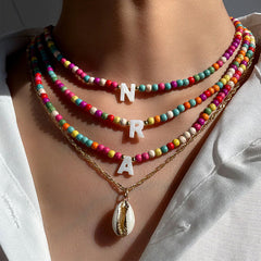 Boho Personalized Custom Necklace, Seed Bead 3 Layered Choker, Shell Letter Name
