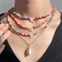 Boho Personalized Custom Necklace, Seed Bead 3 Layered Choker, Shell Letter Name