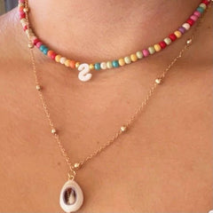 Boho Personalized Custom Necklace, Seed Bead  2 Layered Choker, Letter Name and Shell