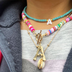 Boho Personalized Custom Necklace, Seed Bead  2 Layered Choker, Letter Name and Shell