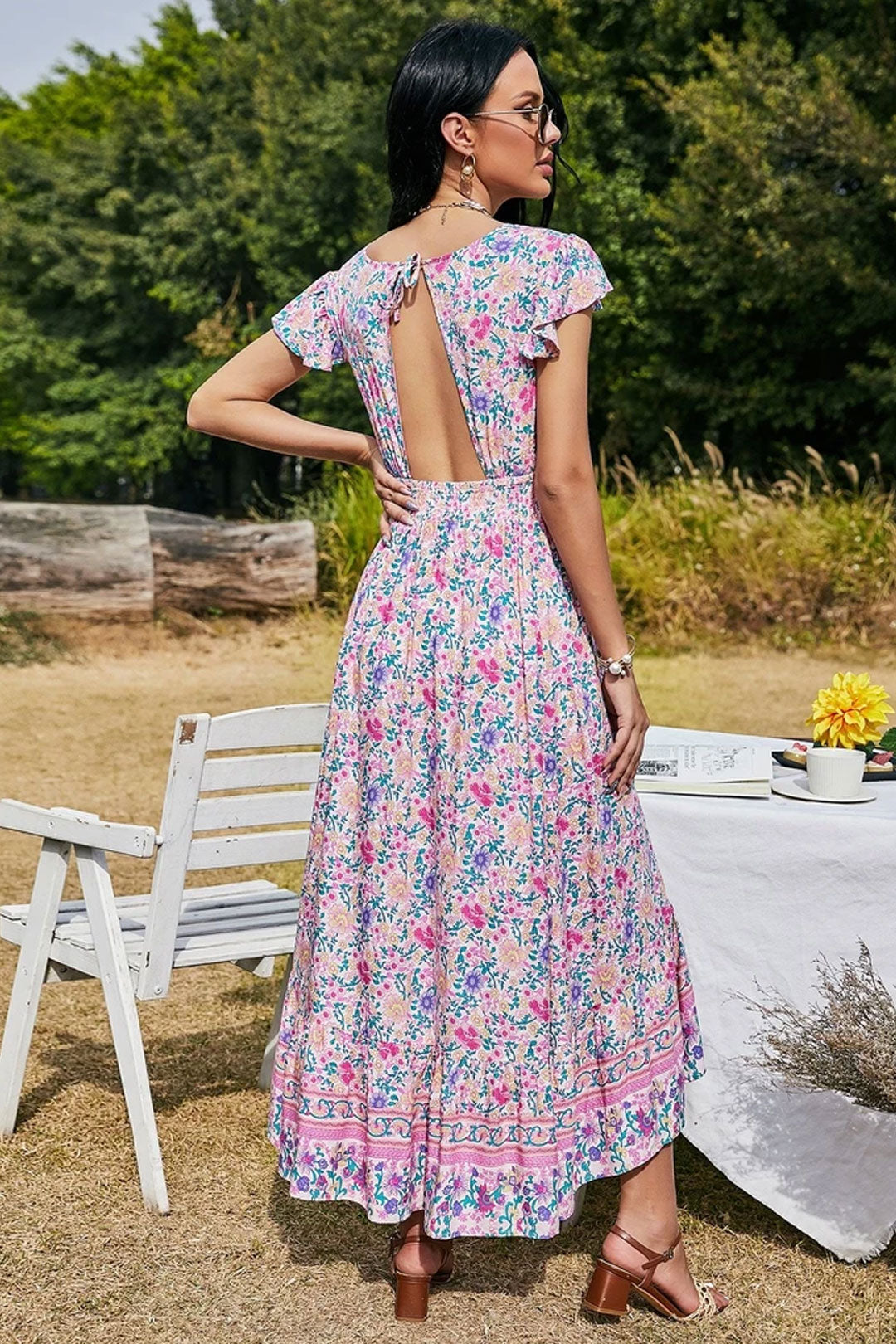 Boho Maxi Dress, Pink Wild Flower
