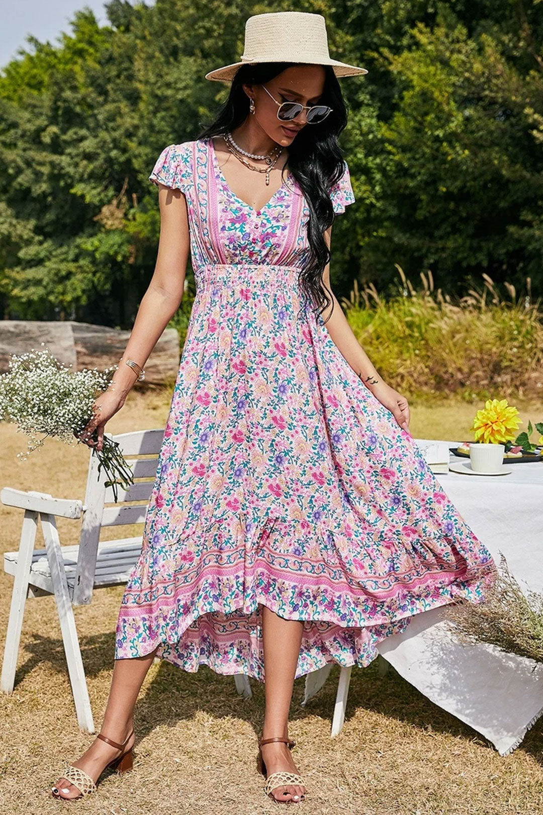 Boho Maxi Dress, Pink Wild Flower