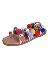 Pom Pom Lace Up Flat Sandals