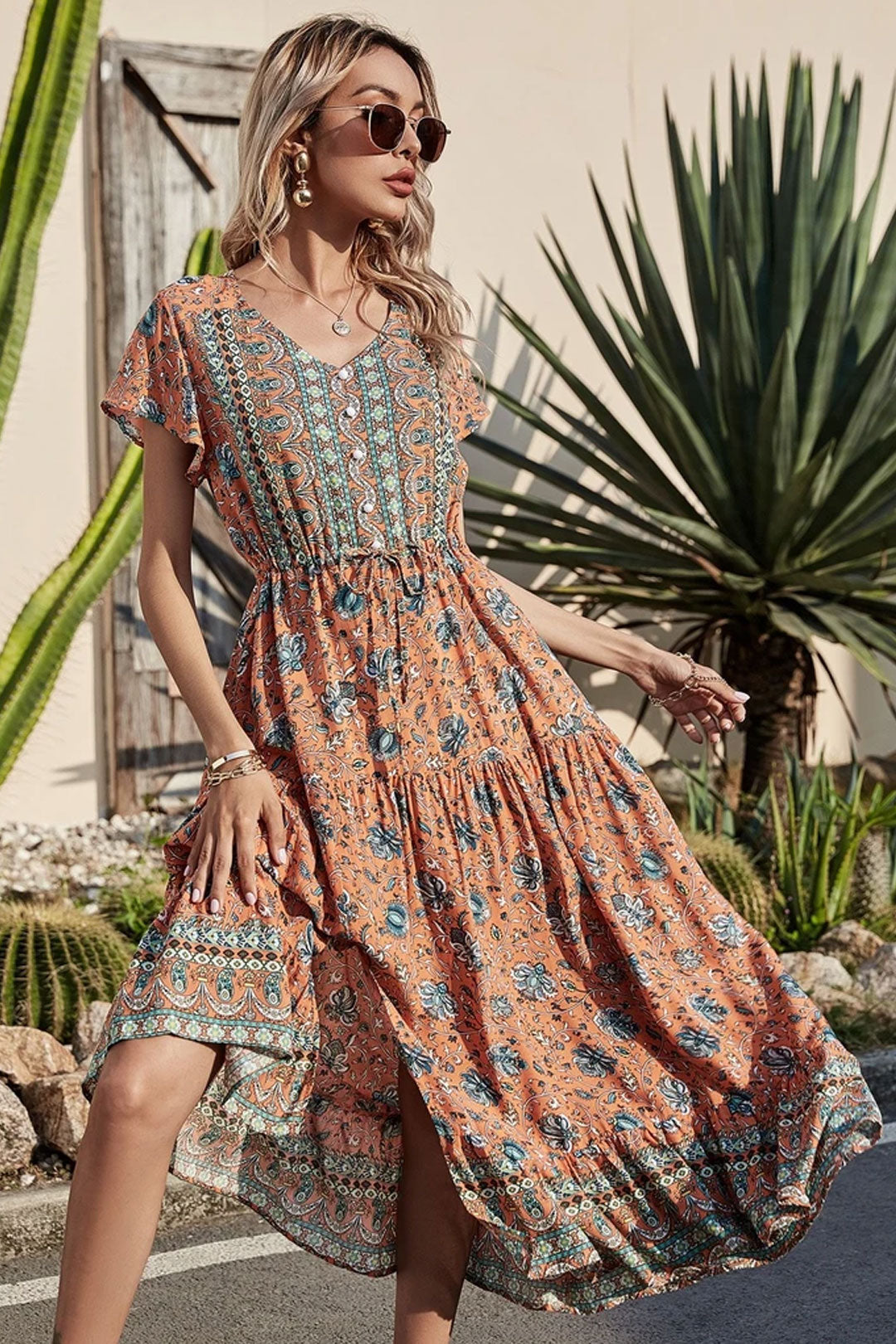 Boho Maxi Dress, Sundress, Orange Cantaloupe