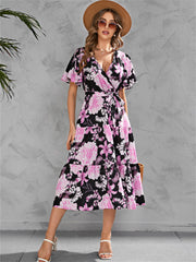 Women's Summer Print V-neck Waist-length Mid-length Tied Short-sleeved Big Swing Dress Personality Street Style Mid-length Dress