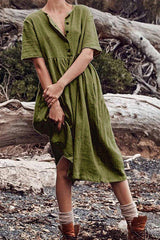 Solid Button O Neck Midi Dress