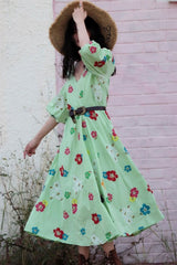 Boho Maxi Dress, Embroidered Dress, Vintage Green Garden