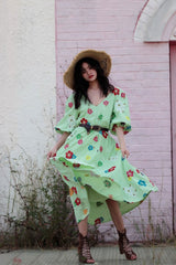 Boho Maxi Dress, Embroidered Dress, Vintage Green Garden