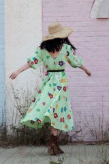 Boho Maxi Dress, Embroidered Dress, Vintage Green Garden