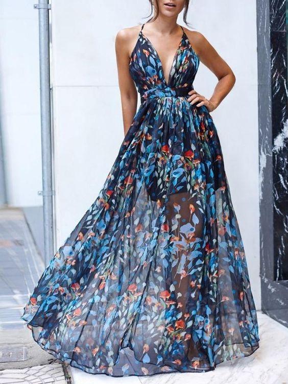 Sleeveless Sexy Summer Deep V neck Maxi Dress