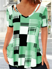 Women's Summer Hot Models Plaid Printing Short-sleeved Hollow V-neck T-shirt Female S,M,L,XL,XXL,3XL,4XL,5XL